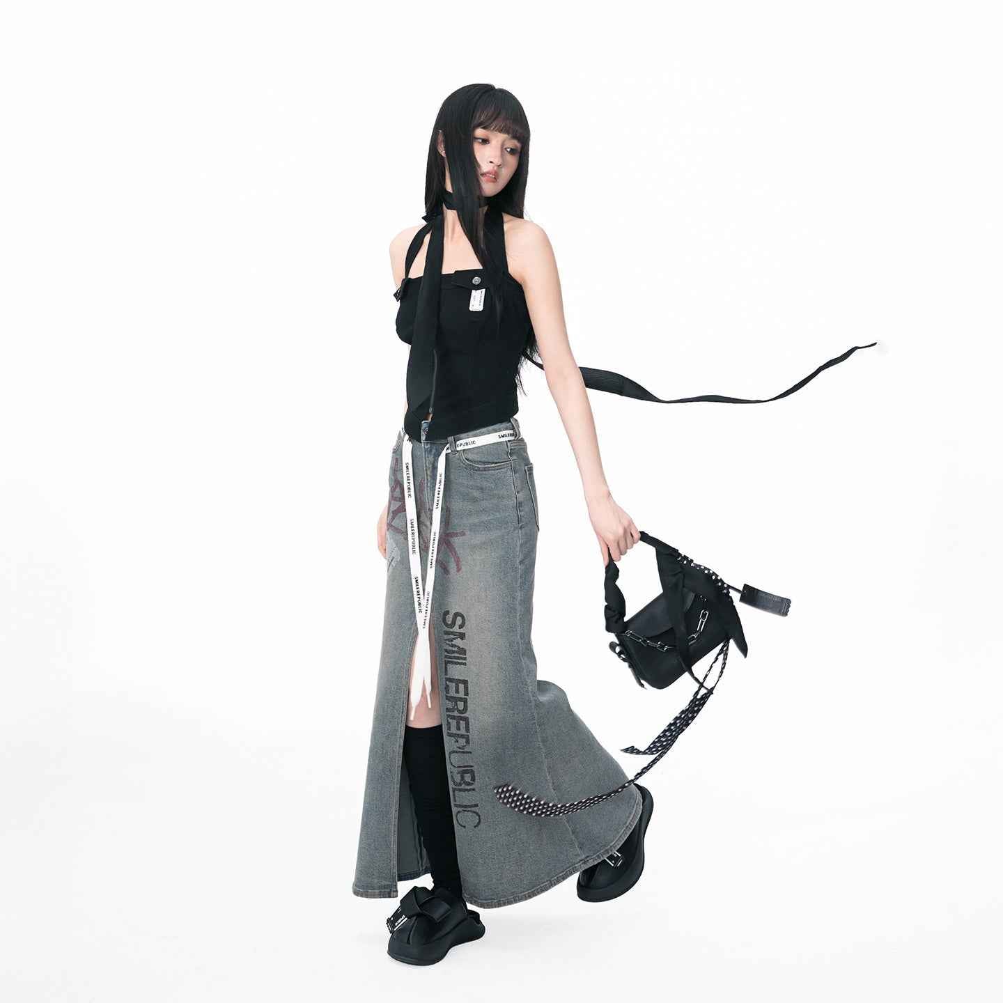 Slit Fishtail Graffiti Denim Skirt