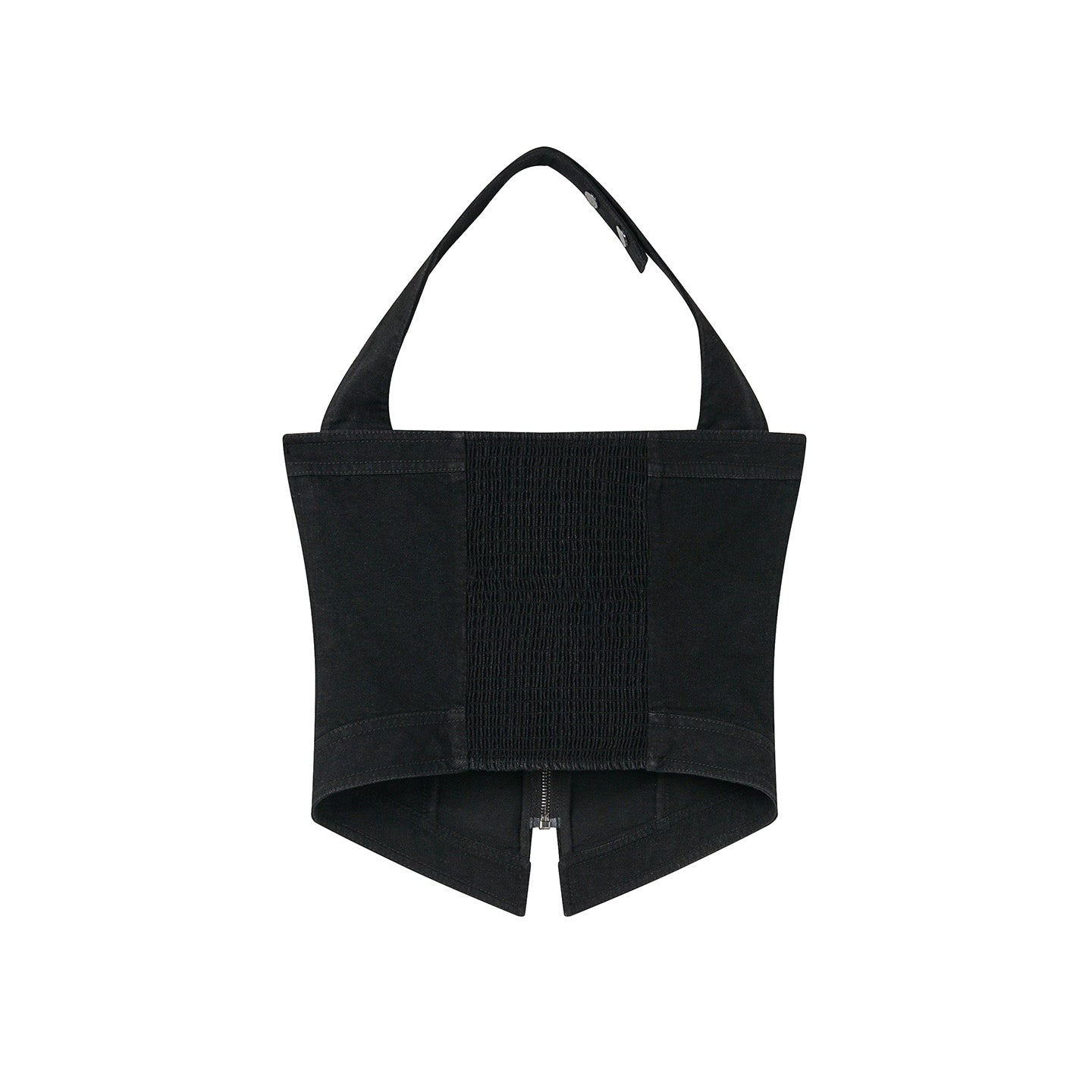 Black Zip-Front Fitted Halter Top with Decorative Pocket Details for Women