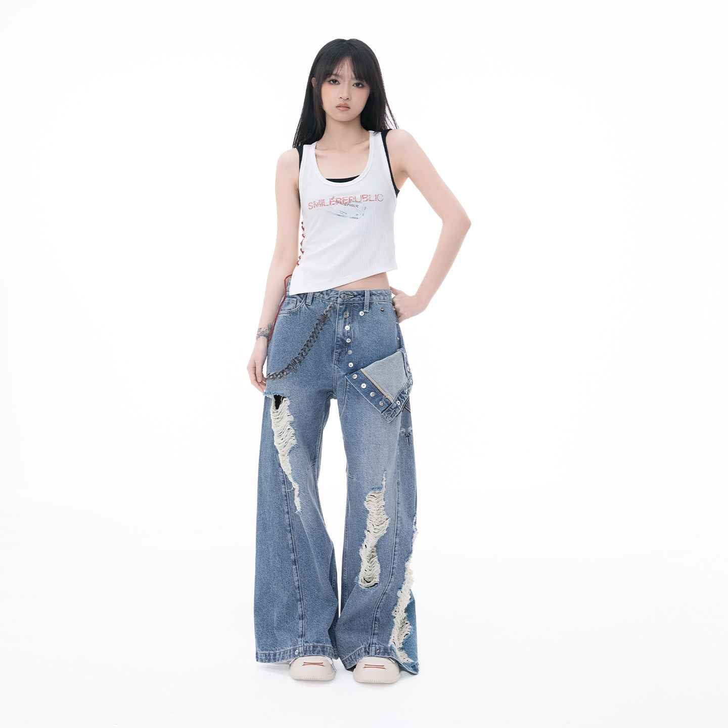 Chain Print Distressed Wide-Leg Jeans