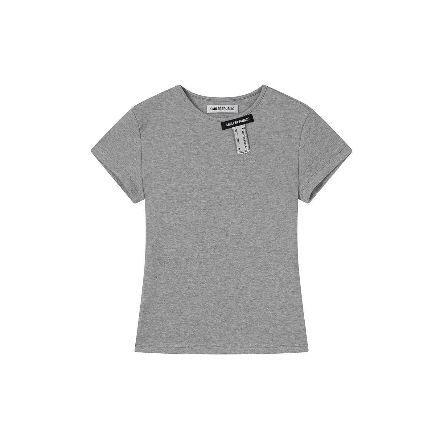 Gray Logo Tag Detail Fitted Crew Neck Short Sleeve T-Shirt for Women