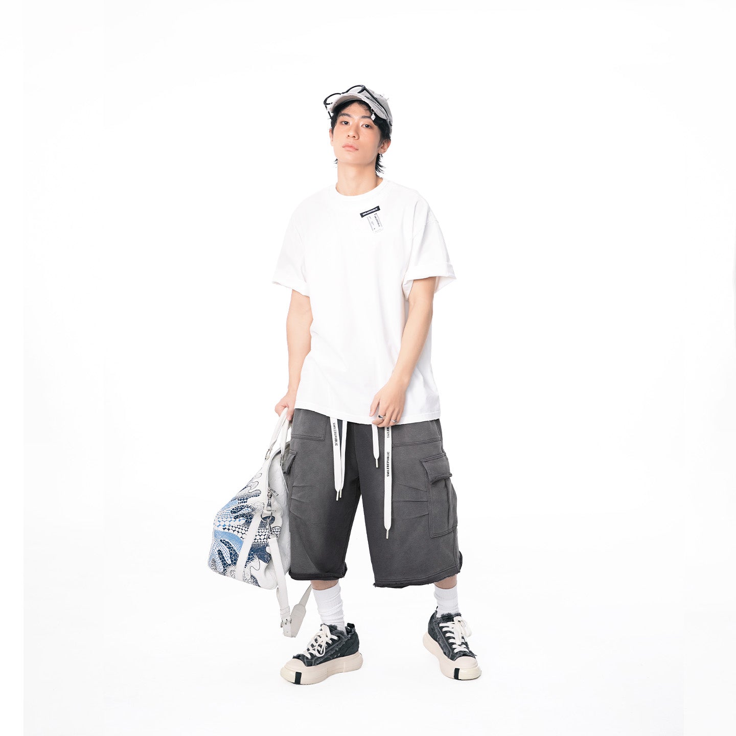Washed Black/Washed White 100% Cotton Double-Layer Crewneck Short Sleeve T-Shirt, Casual Everyday Tee