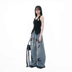 Denim Blue Washed Letter Print Baggy Wide Leg Jeans with Branded Strap Detail