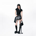 Black Washed Denim Shorts with Logo Drawstring, Women's Streetwear Shorts