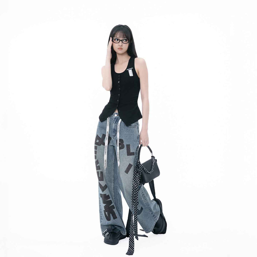 Denim Blue Washed Letter Print Baggy Wide Leg Jeans with Branded Strap Detail