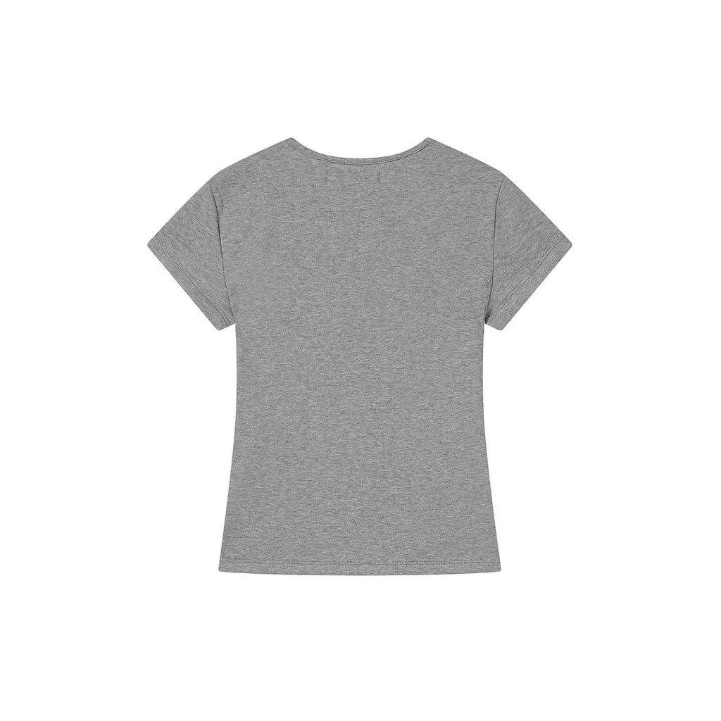 Gray Logo Tag Detail Fitted Crew Neck Short Sleeve T-Shirt for Women