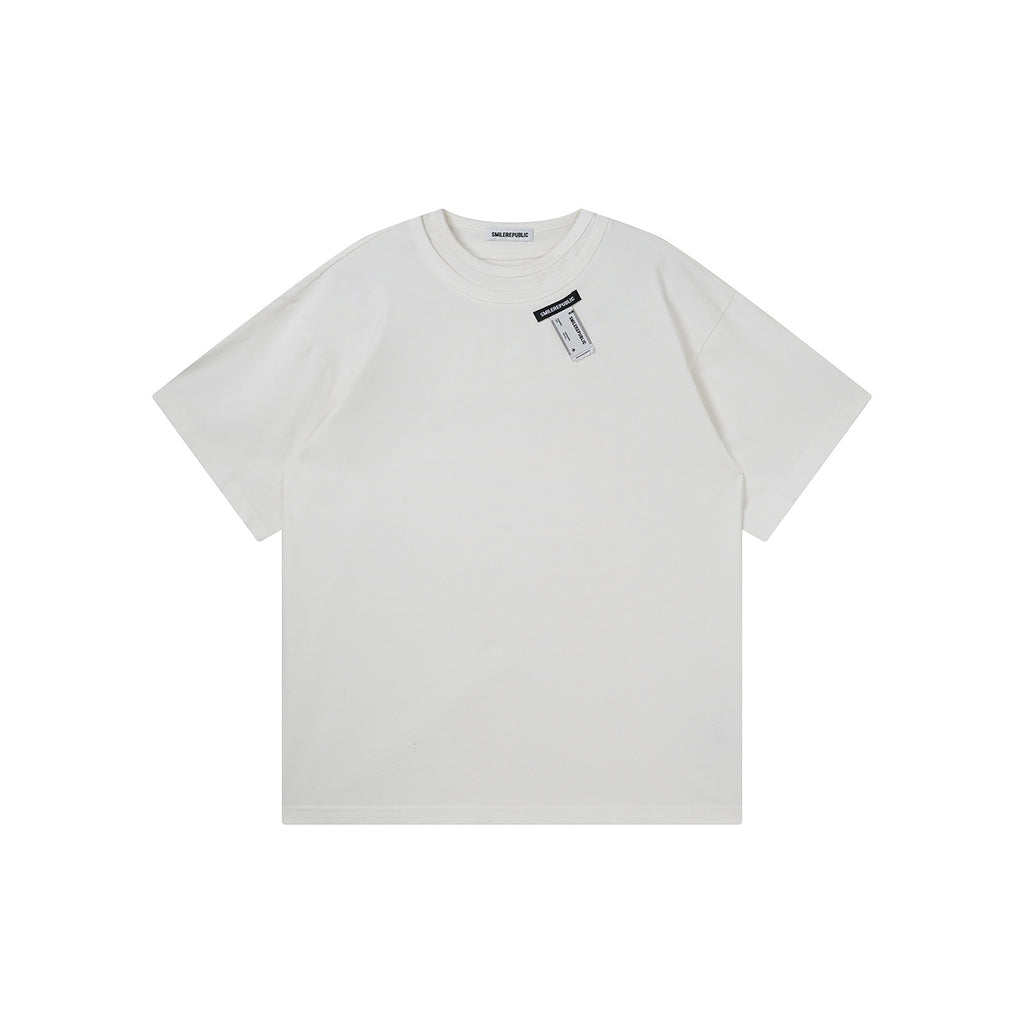 Washed Black/Washed White 100% Cotton Double-Layer Crewneck Short Sleeve T-Shirt, Casual Everyday Tee