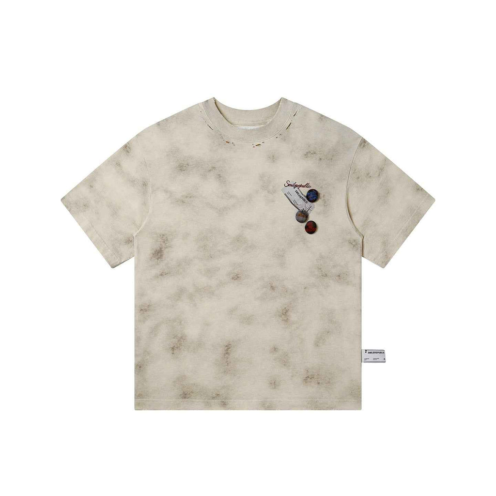 Beige Gray 100% Cotton Distressed Wash Graphic Oversized Crew Neck Short Sleeve T Shirt