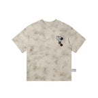 Beige Gray 100% Cotton Distressed Wash Graphic Oversized Crew Neck Short Sleeve T Shirt