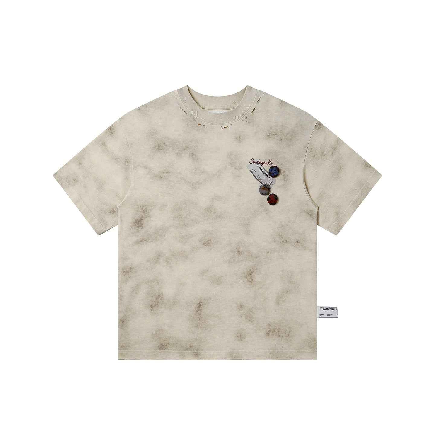 Beige Gray 100% Cotton Distressed Wash Graphic Oversized Crew Neck Short Sleeve T Shirt