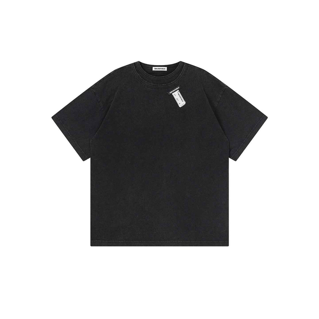 Washed Black 100% Cotton Double-Layer Crewneck Short Sleeve T-Shirt, Casual Everyday Tee