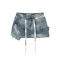 Light Blue Washed Denim Shorts with Logo Drawstring, Women's Streetwear Shorts - view 5