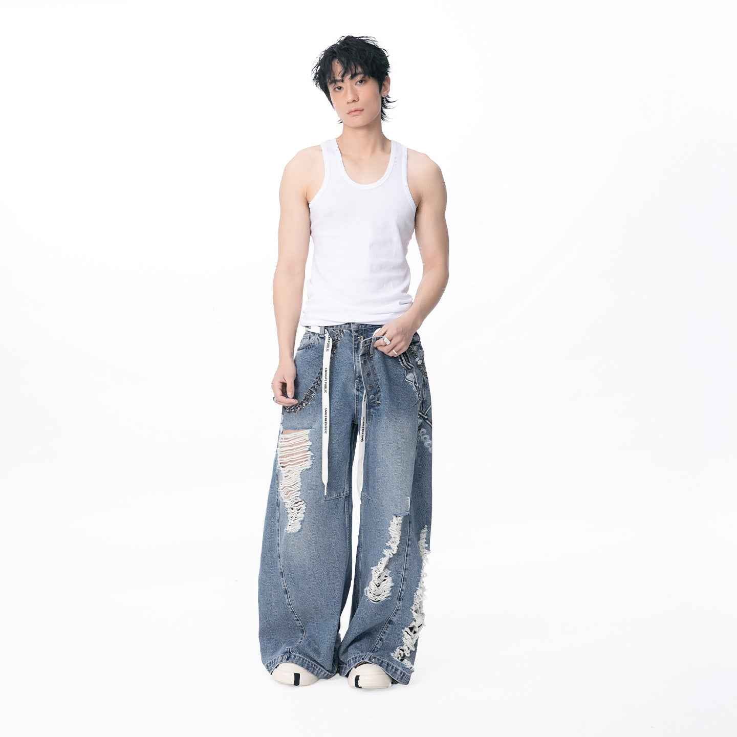 Chain Print Distressed Wide-Leg Jeans