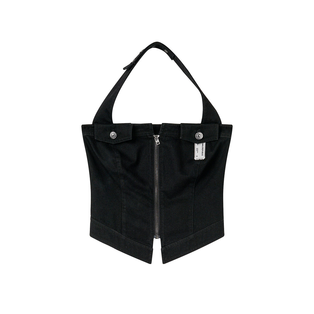 Black Zip-Front Fitted Halter Top with Decorative Pocket Details for Women