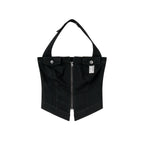 Black Zip-Front Fitted Halter Top with Decorative Pocket Details for Women