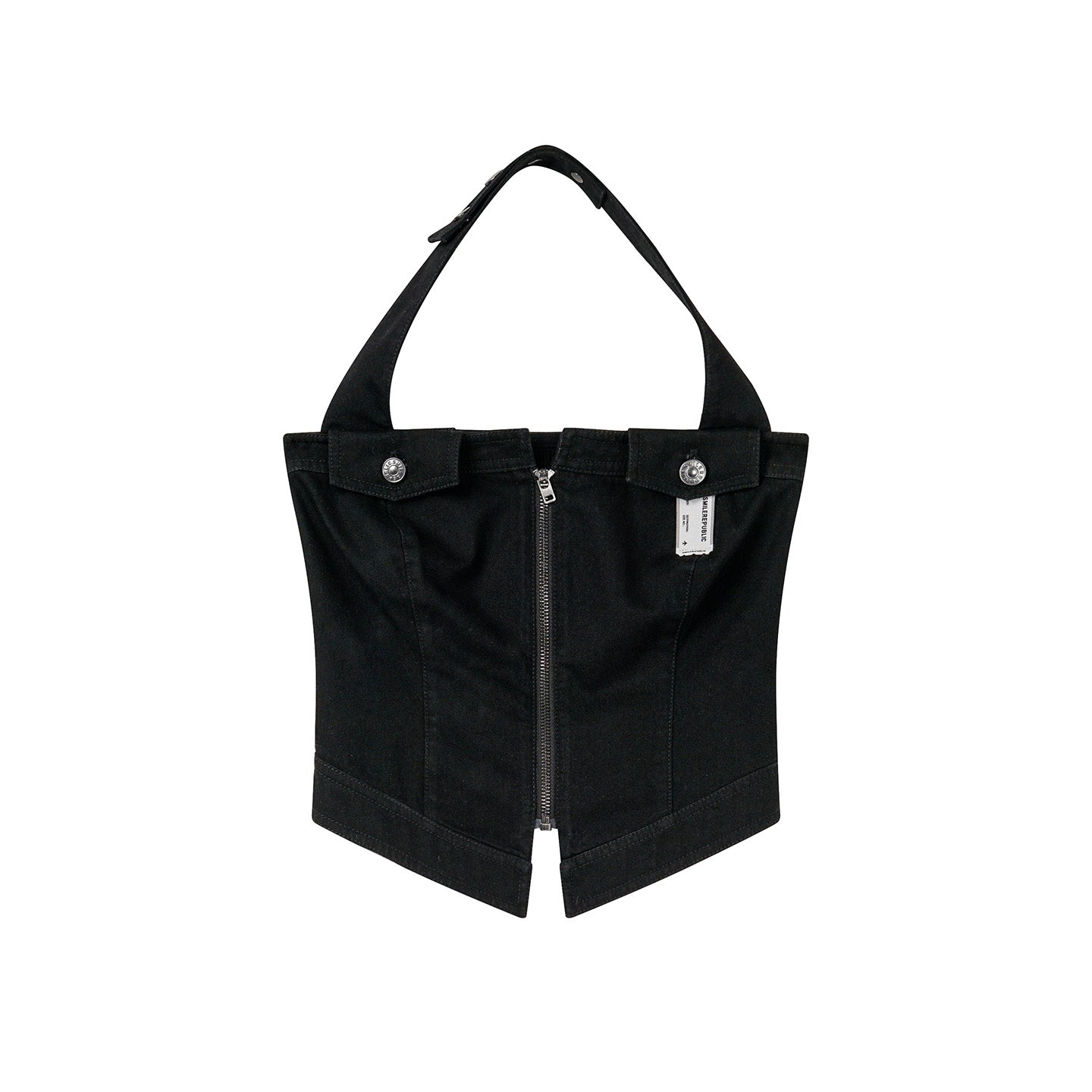 Black Zip-Front Fitted Halter Top with Decorative Pocket Details for Women