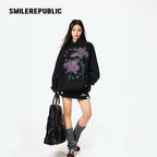 Washed Black Cotton Blend Floral Graphic Oversized Pullover Hoodie with Kangaroo Pocket
