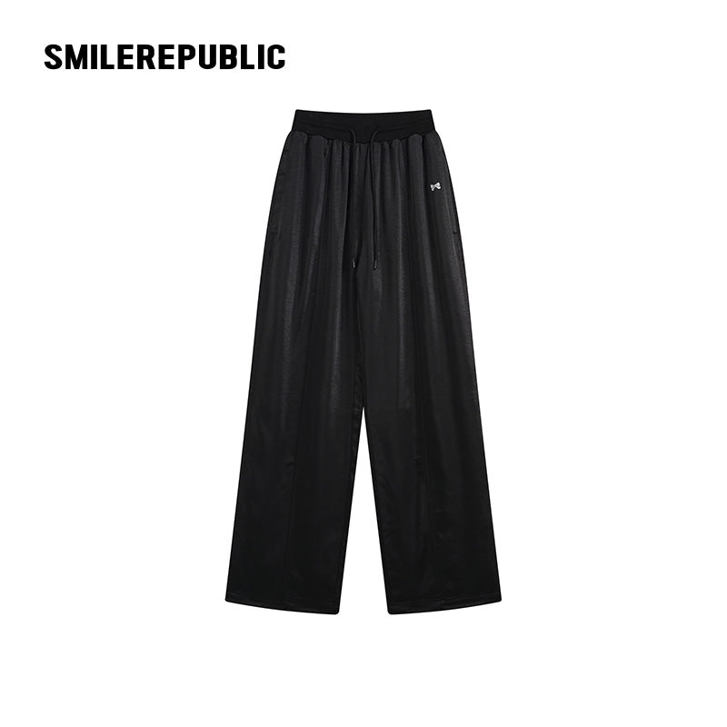 Black Satin Polyester Wide Leg Drawstring Pants with Elastic Waist and Logo Detail