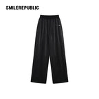 Black Satin Polyester Wide Leg Drawstring Pants with Elastic Waist and Logo Detail