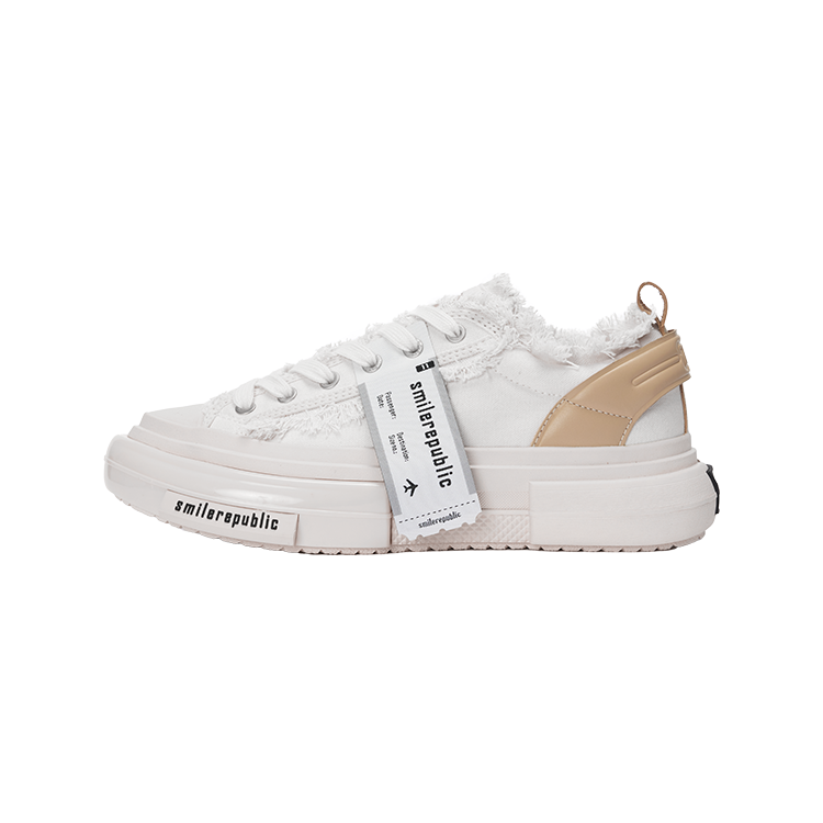 White 70s Frayed Canvas Platform Sneakers, Unisex Low Top Lace Up Shoes