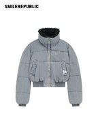 Light Blue Denim Cropped Puffer Jacket with 90% White Duck Down Fill and Plush Stand Collar