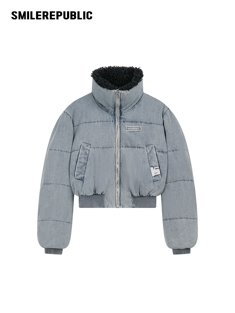 Light Blue Denim Cropped Puffer Jacket with 90% White Duck Down Fill and Plush Stand Collar