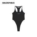 Black Polyester Spandex Racerback Thong Bodysuit, Sleeveless Logo Fitted One Piece Top for Women
