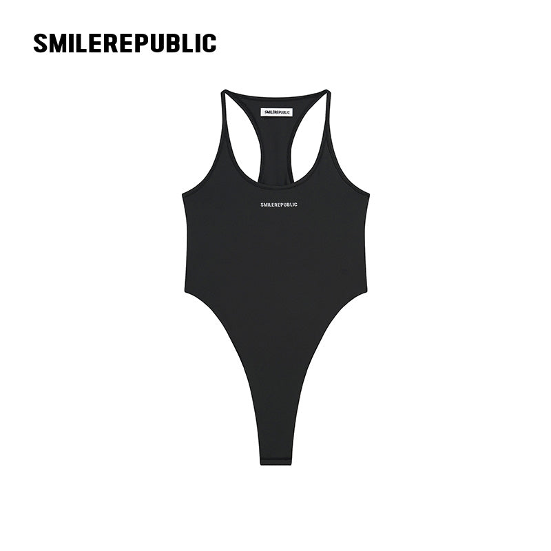 Black Polyester Spandex Racerback Thong Bodysuit, Sleeveless Logo Fitted One Piece Top for Women