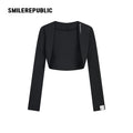 Black Stretch Polyester Blend Cropped Open-Front Long Sleeve Bolero Shrug for Women
