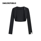 Black Stretch Polyester Blend Cropped Open-Front Long Sleeve Bolero Shrug for Women