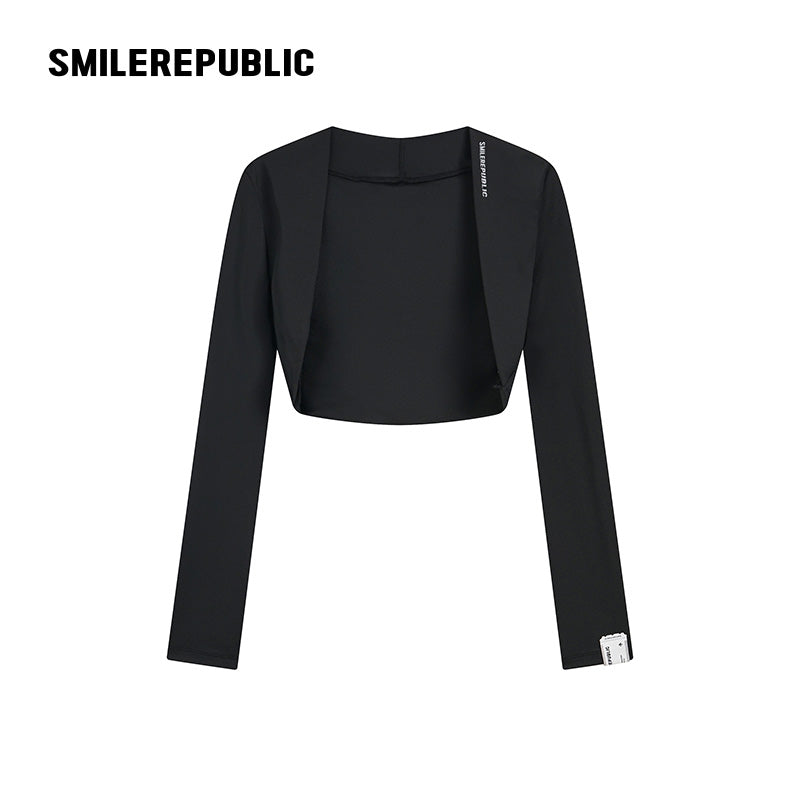 Black Stretch Polyester Blend Cropped Open-Front Long Sleeve Bolero Shrug for Women