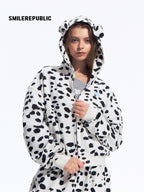 Black White Dalmatian Print Hooded Zip Up Sweatshirt Jacket with 3D Ear Detail, Unisex