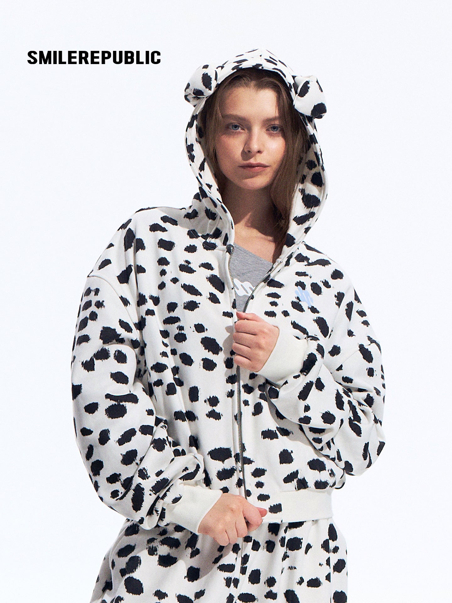 Black White Dalmatian Print Hooded Zip Up Sweatshirt Jacket with 3D Ear Detail, Unisex