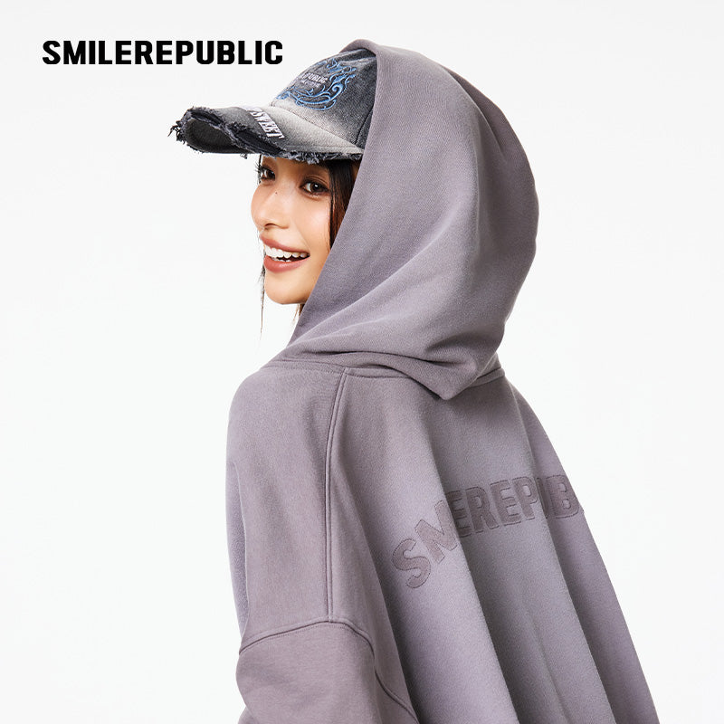 Gray Washed Cotton Distressed Full Zip Hoodie with Tonal Logo and Raw Edge Pockets