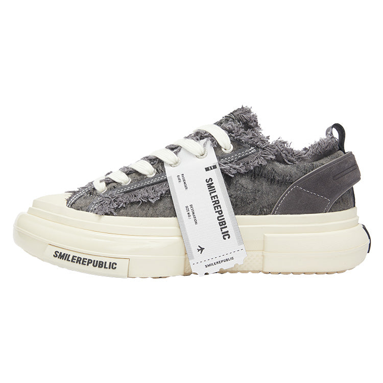 Grey Frayed Canvas Platform Sneakers, Unisex Low Top Lace Up Shoes