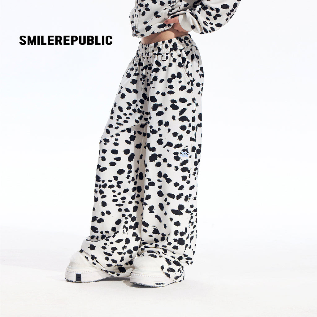 Black White Dalmatian Print Wide Leg Sweatpants Cotton Blend Casual Pants, Unisex
