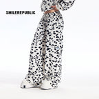 Black White Dalmatian Print Wide Leg Sweatpants Cotton Blend Casual Pants, Unisex
