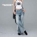Blue Washed Cotton Denim Butterfly Graphic Wide-Leg Jeans with Asymmetric Waistband for Women