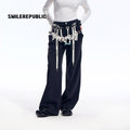 Black Washed Wide Leg Jeans with Adjustable Waist Straps and Relaxed Fit Design