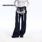 Black Washed Wide Leg Jeans with Adjustable Waist Straps and Relaxed Fit Design