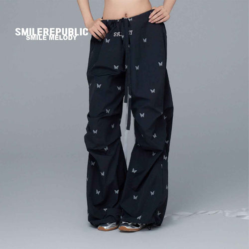 Black 100% Nylon Allover Butterfly Print Wide-Leg Parachute Pants with Drawstring Waist for Women