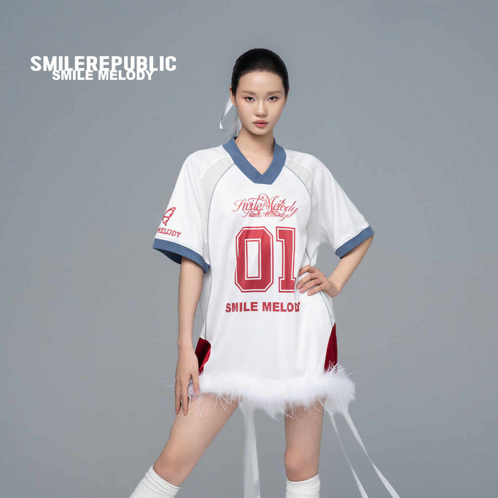 White Polyester Colorblock V-Neck Number Graphic Jersey Top with Removable Feather Trim for Women