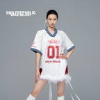 White Polyester Colorblock V-Neck Number Graphic Jersey Top with Removable Feather Trim for Women