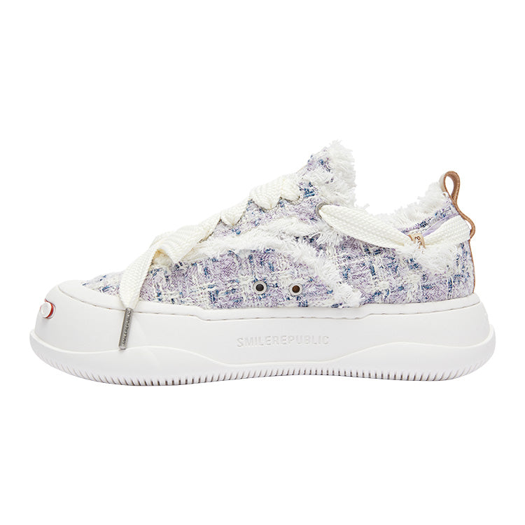 White Frayed Textured Low Top Sneakers, Unisex Lace Up Shoes
