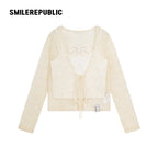 Ivory Nylon Jacquard Lace Bow Detail Cropped Cardigan and Cotton Blend Camisole Two Piece Set