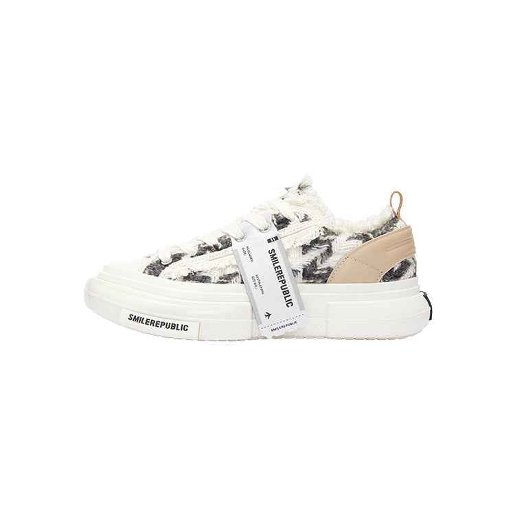 Black and White Herringbone Textured Platform Sneakers, Unisex Low Top Lace Up Shoes