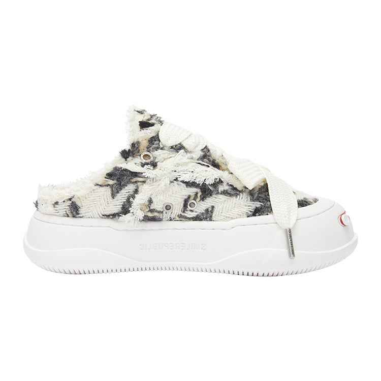 Black White Frayed Herringbone Platform Sneaker Mules, Unisex Backless Lace Up Shoes