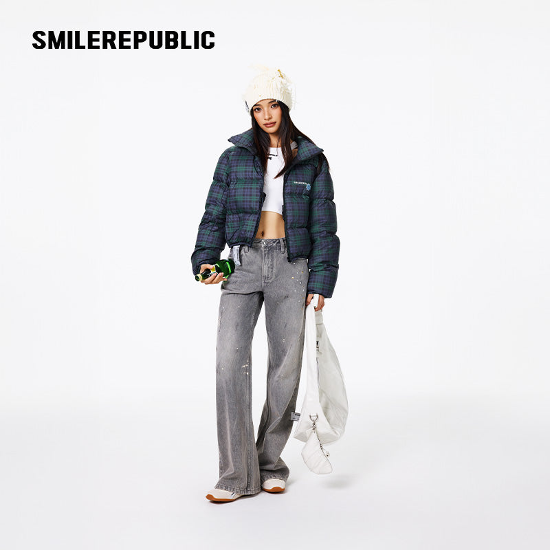 Dark Navy Plaid Polyester 90% White Duck Down Cropped Full Zip Puffer Jacket with Stand Collar