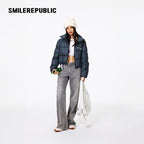 Dark Navy Plaid Polyester 90% White Duck Down Cropped Full Zip Puffer Jacket with Stand Collar