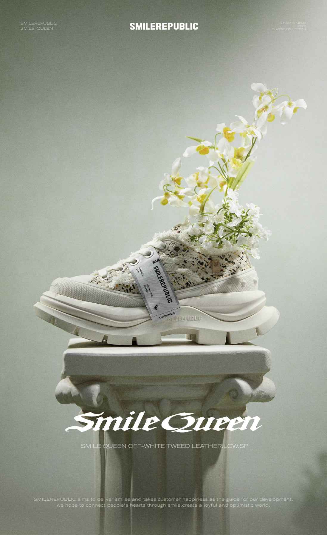 2.0 Smile Queen Off-White Tweed Leather Low Top Canvas Shoes
