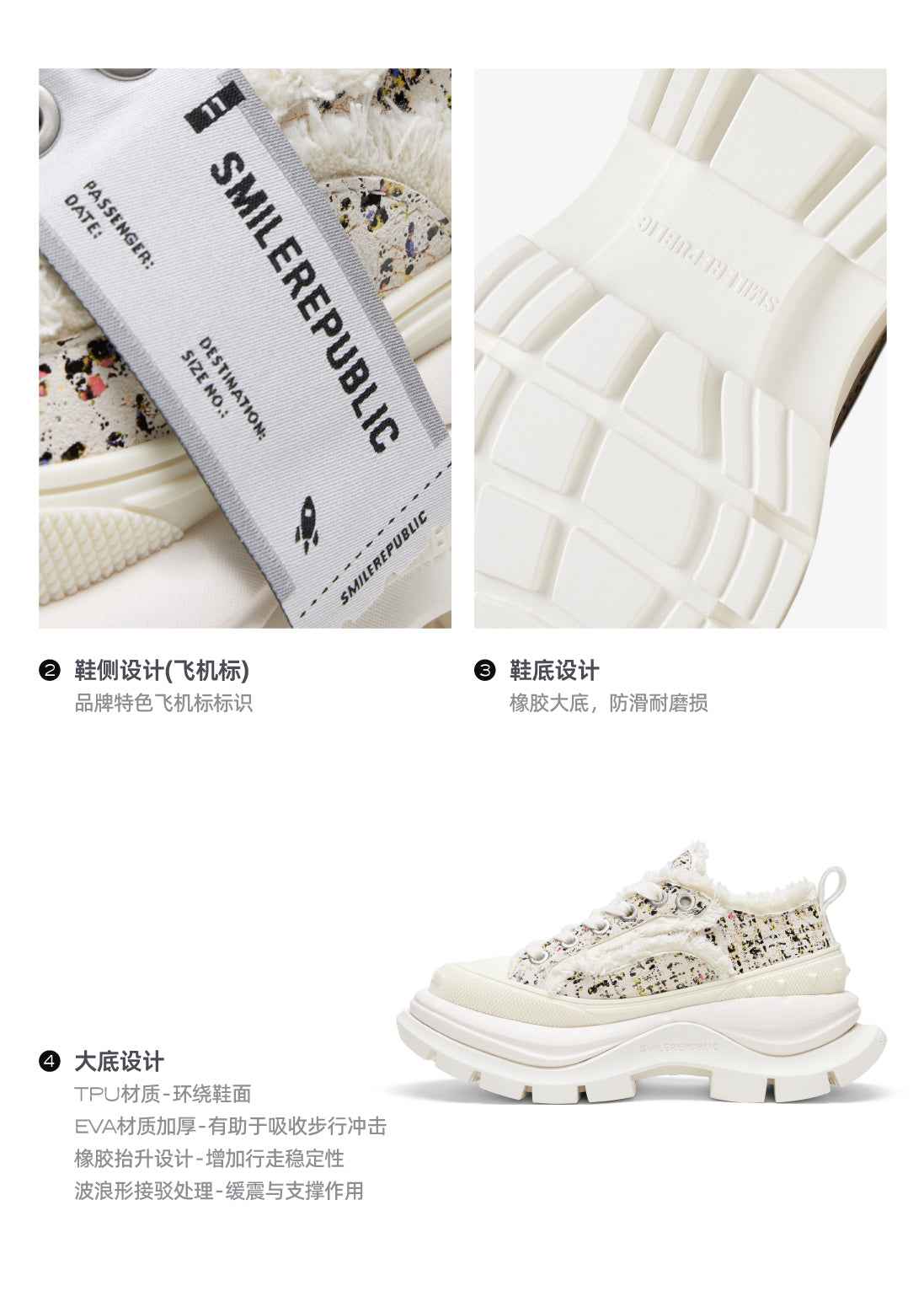 2.0 Smile Queen Off-White Tweed Leather Low Top Canvas Shoes